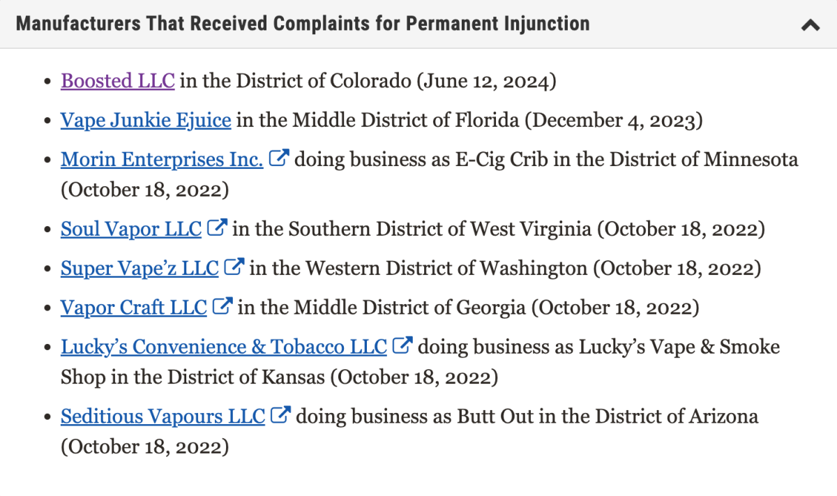 美国FDA与司法部联手：联邦法院对一烟油制造商实施永久禁令